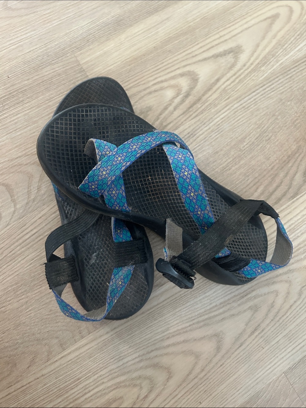 Chaco Blue Patterned Strap Black Sandals